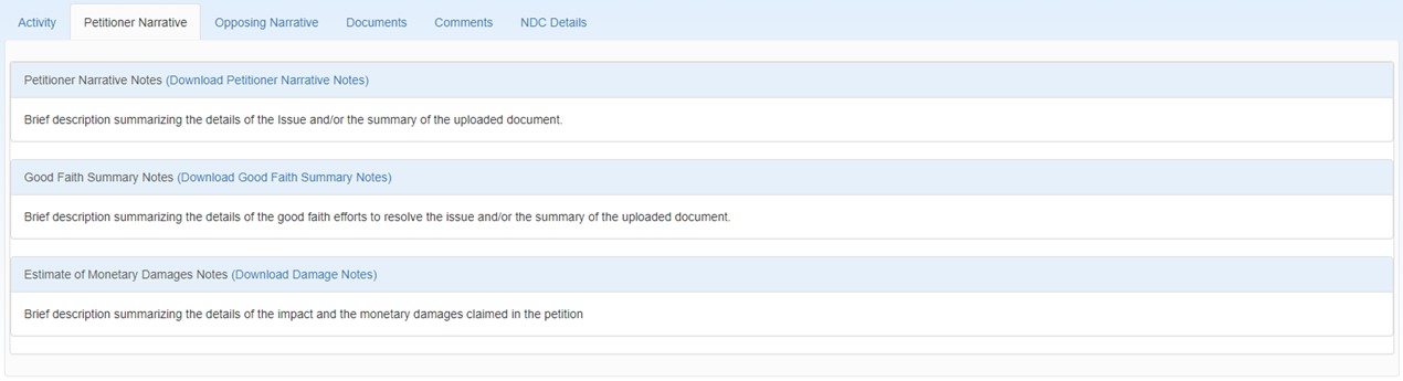 Petitioner Narrative window Petitioner Narrative window